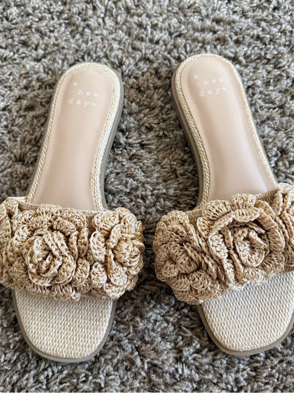 a new day Tan Crochet Flower Slides